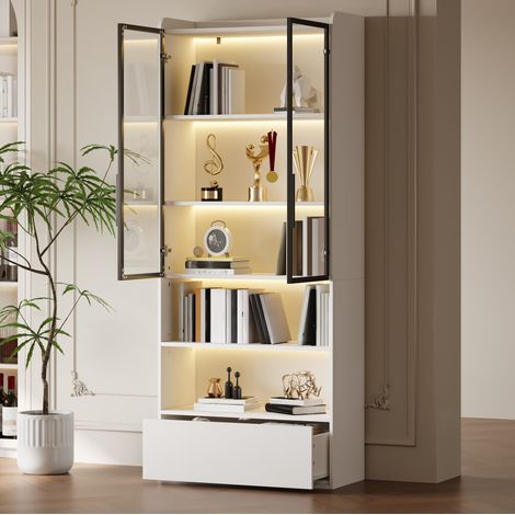 Vetrina 80x34x180 cm bianca in MDF e vetro con LED, 1 cassetto e ripiani multipli (1/5)
