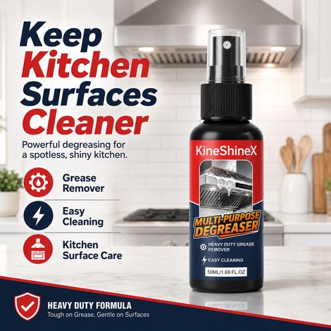 KineShineX Küchenreiniger für hartnäckige Ölflecken, multifunktionales Entfettungsspray, entfernt kraftvoll Fett und Kochdünste von Kochfeldern. (1/4)