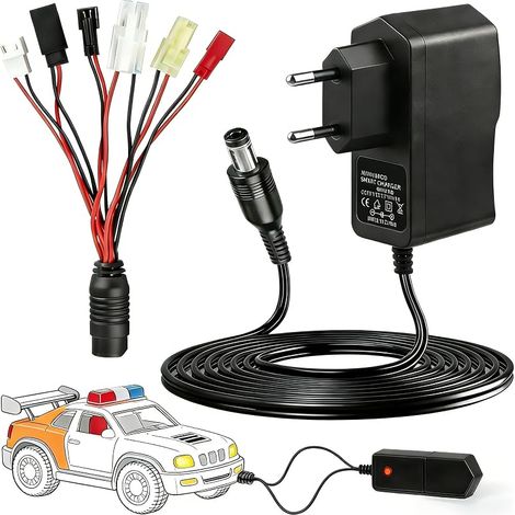 Intelligent 2.4-12V Chargeur, Voiture Chargeur RC Hydraulique avec 6 Commun Connecteur Auto Chargeurs de Batterie pour Batteries NiMH/NiCd 2-10S Bateau Drone Modélisme Mini Tamiya JST SM2P HuanQi XH3P (1/5)