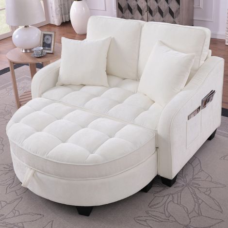 Canapé multifonctionnel, canapé-lit 2 en 1, pouf de rangement, tissu respirant et doux pour la peau, bois d'eucalyptus écologique, petit salon, bureau, chambre, beige