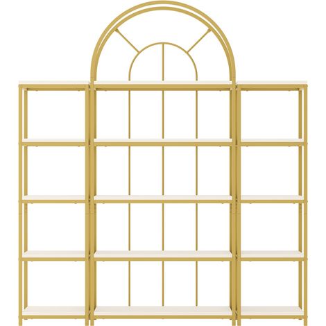 Étagère modulaire 163x30x184 cm – Bibliothèque en métal doré et étagères MDF blanches, 3 pièces avec design arqué, meuble de rangement et présentoir pour salon, cuisine, bureau ou vitrine. (1/5)