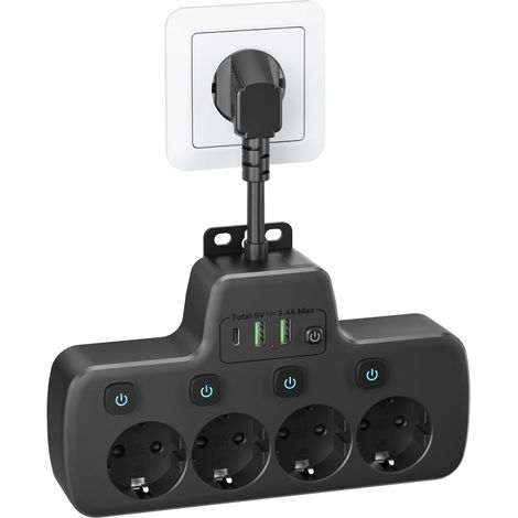 Prise Multiple avec Interrupteur Individuel,Multiprise 4 Prises 0.1m Câble Multiprise 4 Schuko 3 USB Chargeurs Adaptateur,Bloc Prise Murale Parafoudre,Rallonge Electrique,Chambre et Appartement,Noir (1/5)