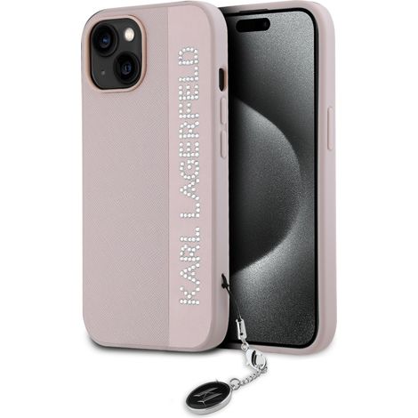 Custodia rigida rosa/rosa Karl Lagerfeld KLHCP15SPSAKDGCP per iPhone 15/14/13 6.1 con strass Saffiano e charm. (1/5)