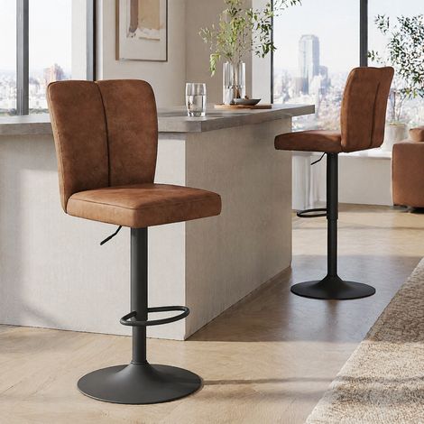 Lot de 2 tabourets de bar réglables et pivotants 360°, tissu technique marron, métal noir (1/5)