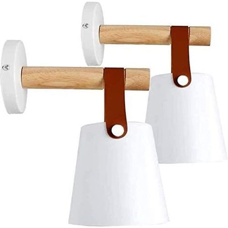 Juego de 2 apliques de pared modernos E27, estilo metálico, hierro forjado, madera, correa, luminaria industrial (bombillas no incluidas), blanco (1/4)