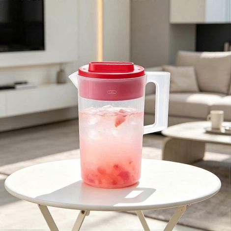 Pichet 2L turquoise transparent, couvercle à charnière, plastique sans BPA, poignée ergonomique, gradué, pour boissons réfrigérées (1/5)