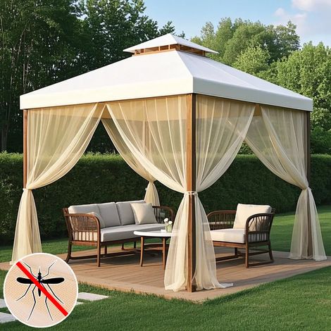 Ensemble de 2 rideaux d'extérieur avec moustiquaires intégrées, protection anti-insectes pour tonnelles, moustiquaire réglable pour terrasses et jardins, beige, 160 cm (largeur) x 305 cm (hauteur) (1/5)
