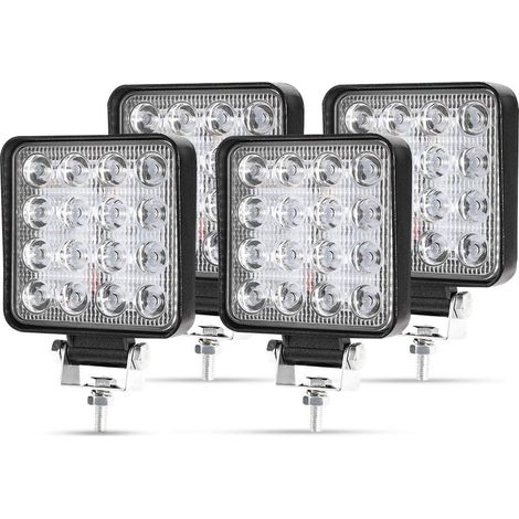4 X 48W Phare de Travail à led, Projecteur Carré 12V 24V Phares Longue Portee led IP67 Spot Flood Lumière de recul pour Voiture Camion Tracteur SUV Bateau(4 PCS)