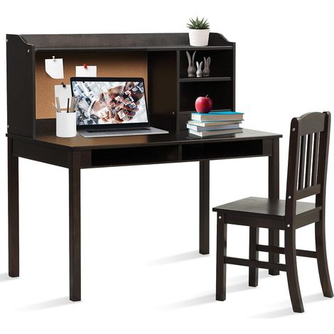 GOPLUS Bureau Enfant Fille Garcon, Table Chaise Enfant avec Étagères de Rangement, Tiroirs, Tableau en Liège, Table d'Étude et Chaise en Bois pour Chambre, Ecole (Marron) (1/4)