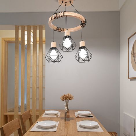 Chandelier Pendant Light Iron Diamond Lampshade- Style Retro - 3 Lights - Adjustable Rope - Black (1/5)