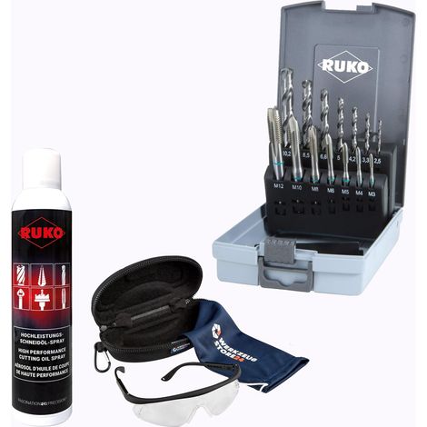 RUKO Maschinengewindebohrer-Satz HSS, 14tlg., M3–M12 Form B, inkl. Spiralbohrer Typ N, DIN 371/376/338 inkl. Spray & Schutzbrille - WZS245048RO
