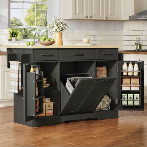REDOM - Isla de cocina 120x45x87 cm, encimera abatible, almacenaje con cajón, compartimento para residuos, ruedas, MDF negro