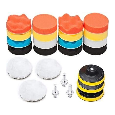 25 Pièces Pollisage Voiture Kit, 75mm Éponge Disque de Polissage, Embout Polish pour Perceuse, Brosse a Polir pour Meuleuse,Tampon Lustrage avec M10 Adaptateur (1/5)