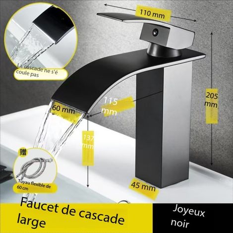 Robinet de lavabo de salle de bain cascade monotrou eau chaude et froide robinet de lavabo de salle de bain en laiton - Noir (Noir) (1/3)