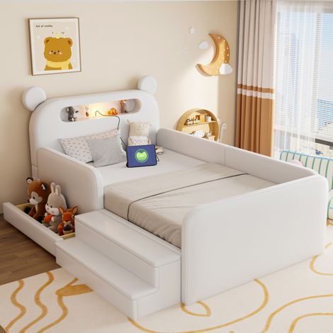 Letto per bambini imbottito 90 x 200 cm bianco con testiera a orso, luce notturna e USB (1/5)