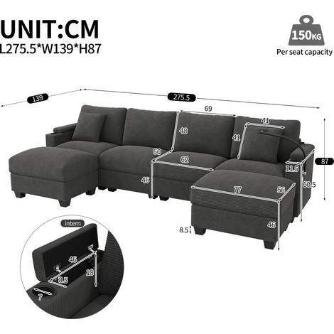 Modulares Ecksofa aus Samt in Grau 275.5 x 139 x 87 cm HOMAIRE (1/5)