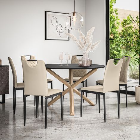 Malvern Round Dining Table And Chairs - Black Table Top w Solid Oak Legs + Monza Faux Leather Dining Chair Set Of 6 (Beige) (1/5)