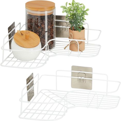 Relaxdays 2x Kitchen Corner Shelf, Adhesive Basket, Stick Up, Wall, Spice Rack, HxWxD: 5.5x26x26 cm, Iron, White (1/5)