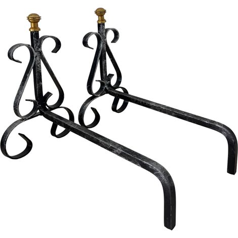 Alari in Ferro Battuto per Camino con Pomelli in Ottone, 30x26h cm, Design Decorativo
