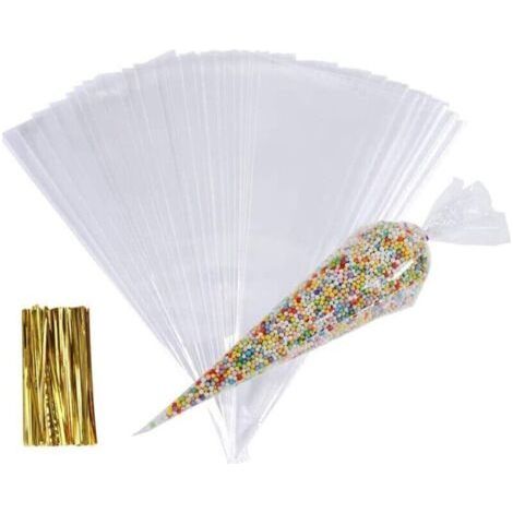 Candy Bag, 100 Pcs Transparent Cone Plastic Bag with 100 Twist Ties, Cellophane Packaging for Candy, Biscuit, Party Gifts, 16 30cm (1/5)