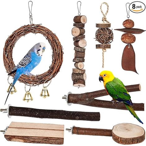 Perchoirs Naturels pour Oiseaux, Bois, Jouets Balançoires pour Perroquets, Cockatiels, Conures, Aras (1/5)
