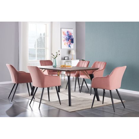 Cosmo LUX Camden Dining Set - a Walnut Wooden Dining Table and Set of 6 Pink Velvet Dining Chairs - Dining Room Kitchen (1/5)