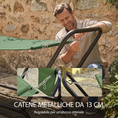 Hamac extérieur avec structure métallique, polyester, vert foncé, 237x90x92 cm, coussin latéral et appuie-tête inclus (1/5)