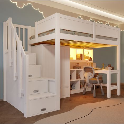 Etagenbett 90x200 cm weiß mit Schreibtisch, Kleiderschrank, Stauraumtreppe und LED (1/5)