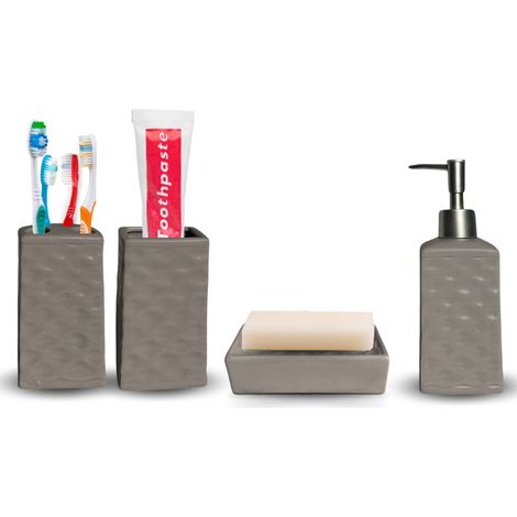 Set 4 accessori bagno da appoggio in ceramica con effetto onda in rilievo composto da: Dispenser per sapone, portasaponetta, porta dentifricio e bicchiere per spazzolini da denti - Colore Grigio Scuro (1/5)