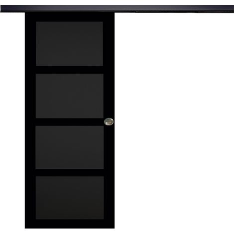 Porte Coulissante Telia Noir 4 Panneaux H204 X L73 + Rail Alu Bandeau Noir Et 2 Coquilles