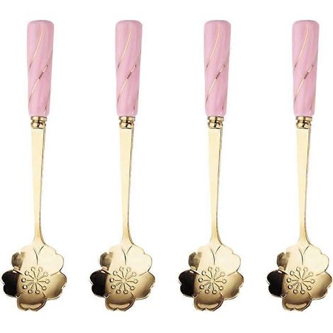 Lot de 4 cuillères à café en acier inoxydable en forme de fleur, cuillères à thé, cuillères à sucre, cuillères à expresso pour desserts, gâteaux, boissons et apéritifs (rose) (1/5)