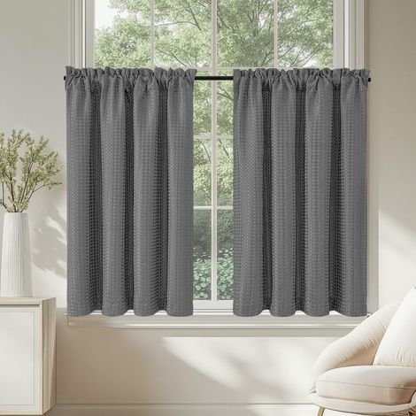Rideau Cuisine Court Rideaux Brise Bise, Motif Gaufre Gris 90L X 90H cm 2 Panneaux à Passe Tringle, pour Chambre Petite Fenêtre Placard Meuble Bas (1/5)