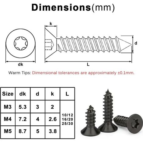 Vis à bois Torx - Vis M3 x 12 mm - Noir - Acier inoxydable A2 - Tête fraisée - Torx TX10 - 50 pièces (1/4)