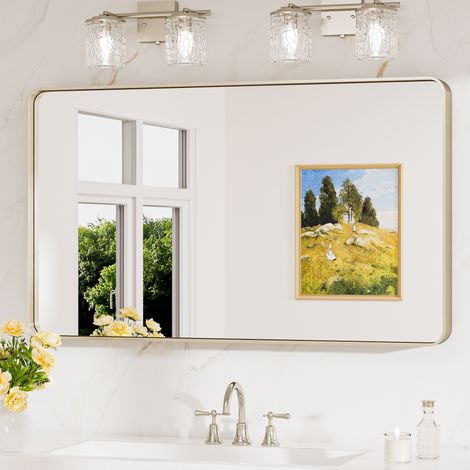 Keonjinn Badspiegel mit Alurahmen 100x60cm, rechteckiger Wandspiegel mit abgerundeten Ecken, gehärtetes HD-Glas, klare Reflexion, modernes Design, Nickelfarbe, für Badezimmer & Flur (1/5)