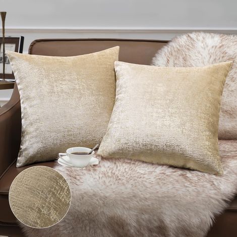 Lot de 2 Housses de Coussin carrées décoratives en Velours étincelant de Couleur Unie avec Paillettes dorées Douces pour canapé, lit et Chaise, Beige, 45 x 45 cm (1/5)