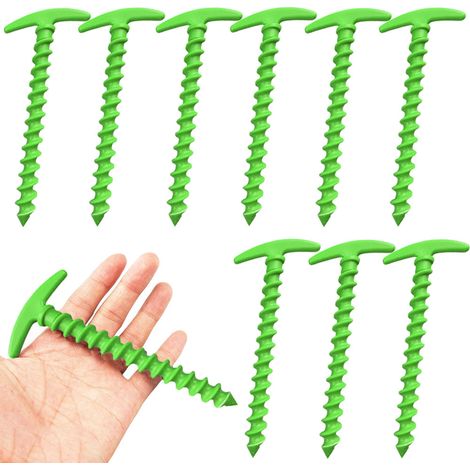 Paquete de 10 estacas para tienda de campaña, de plástico en espiral, en forma de T, 14,5 cm, negras, para camping, playa y jardín. (1/5)
