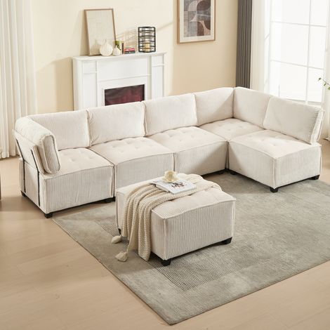 Modulares Sofa 308x154x81.99 cm beige Cord mit 6 Sitzplätzen und flexibler U-/L-Form (1/5)