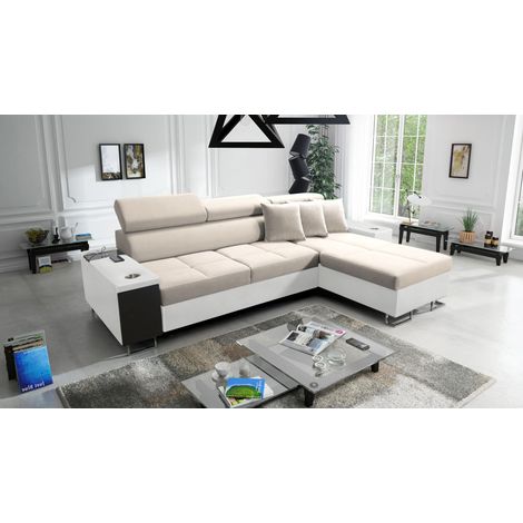 Bequemes Ecksofa mit Schlaffunktion MORENA I MINI Kunstleder/Uttario Velvet Weiß/Beige Rechts (1/5)