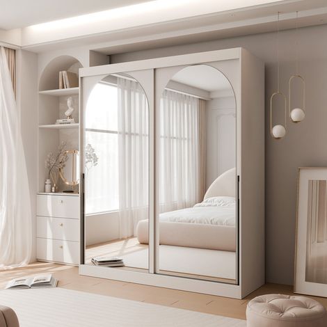 Armoire CLARITY - 7 compartiments - avec miroir - 150x65x215 cm - Cachemire / Poignées noires (1/5)