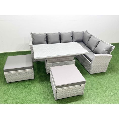 Fimous 8 Seat Rattan Garden Furniture Corner Sofa Set Outdoor Adjustable Lifting Dining or Coffee Table Set with Armchair 2 Big Footstools Light Grey (1/4)