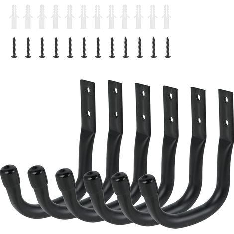 6 crochets muraux - support vélo mural robuste, porte-vélo mural noir pour garage, crochets en J pour échelle, rangement vélos, outils électriques, tuyaux d’arrosage, chaises pliantes - 9 cm x 11 cm