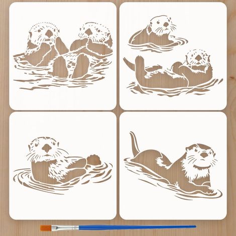 4 Pièces Pochoirs Loutre Mer avec un Pinceau 15x15cm 4 Styles Pochoirs Peinture Loutres Cartoon Pochoir Loutre Mer Mignon Pochoir Vague Gabarit Thèmes Animaux PET pour Bois Mur Tissu DIY (1/5)