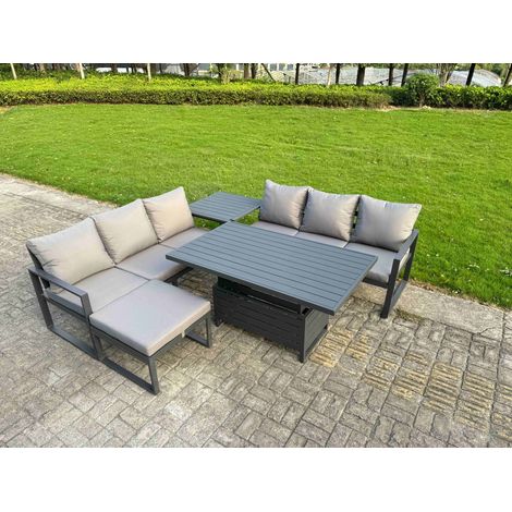Fimous 5 Pieces Garden Furniture Set Aluminium Adjustable Rising Lifting Dining Table and Sofa Set with Side Table Big Footstool Dark Grey (1/5)