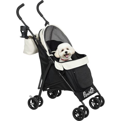 Petite poussette pour chien avec structure de parapluie avec coussin lavable, fenêtres en maille et sac crème, porte-gobelet