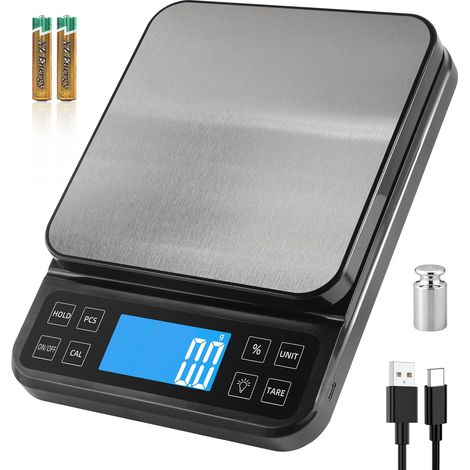 Balance de cuisine grande taille, précision de 0,1 g, balance de boulangerie de 5 kg fonction pourcentage, rechargeable par USB, écran LCD à angle complet avec rétroéclairage, Noir et Argent (1/5)