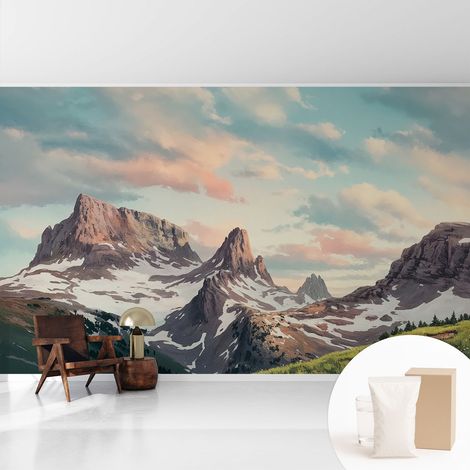 Fototapete Tapete Vliestapete mit Kleber Büro Wandgestaltung - Wanddekoration Wohnzimmer Bergpanorama 416x254 cm (1/5)