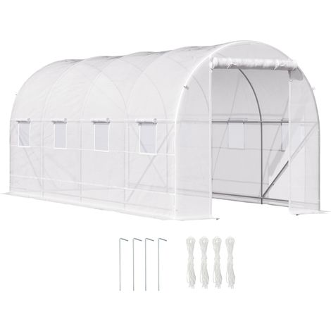 Serre tunnel 5x2x2m portes fenêtres enroulables 5 renforts cadre métallique PE légumes fleurs blanc