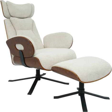 Fauteuil avec repose-pieds en tissu écru et bois foncé Elowen (1/5)