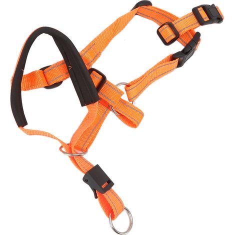 Atmungsaktives Hunde-Kopfgeschirr, das die Schnauze bedeckt und über einen verstellbaren Riemen verfügt, ideal für den Einsatz im Freien, orange XL. (1/5)