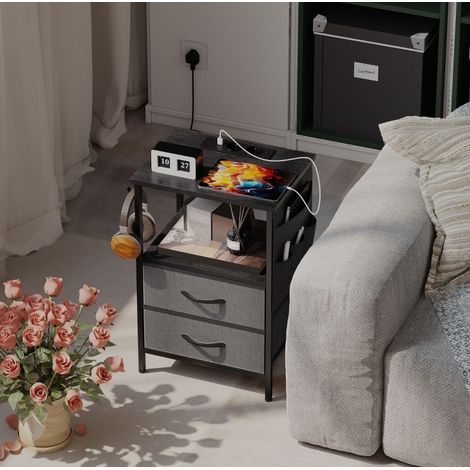 Tavolino laterale 40x30x60 cm nero in legno e acciaio con prese integrate, USB, 2 cassetti e ganci (1/4)